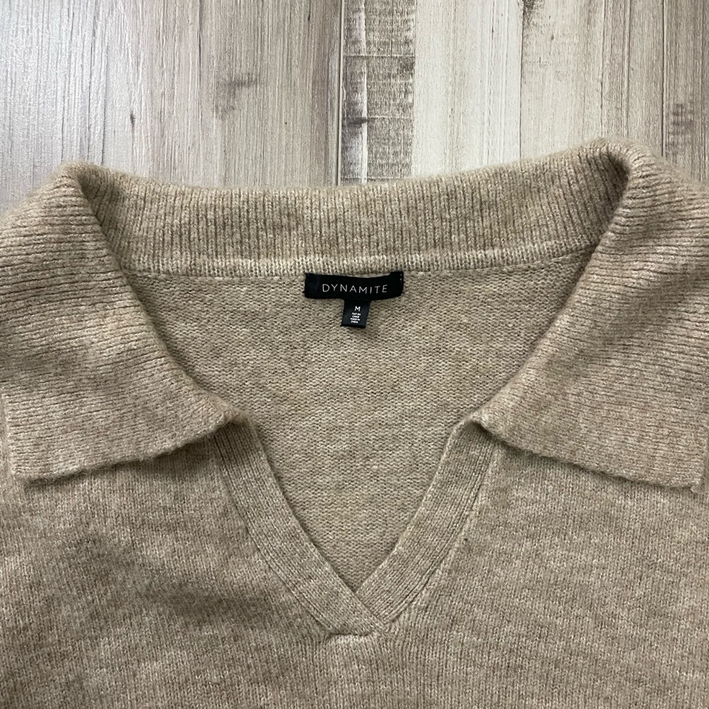 Dynamite Collared V-Neck Cropped Drawstring Sweater - Picture 3 of 6